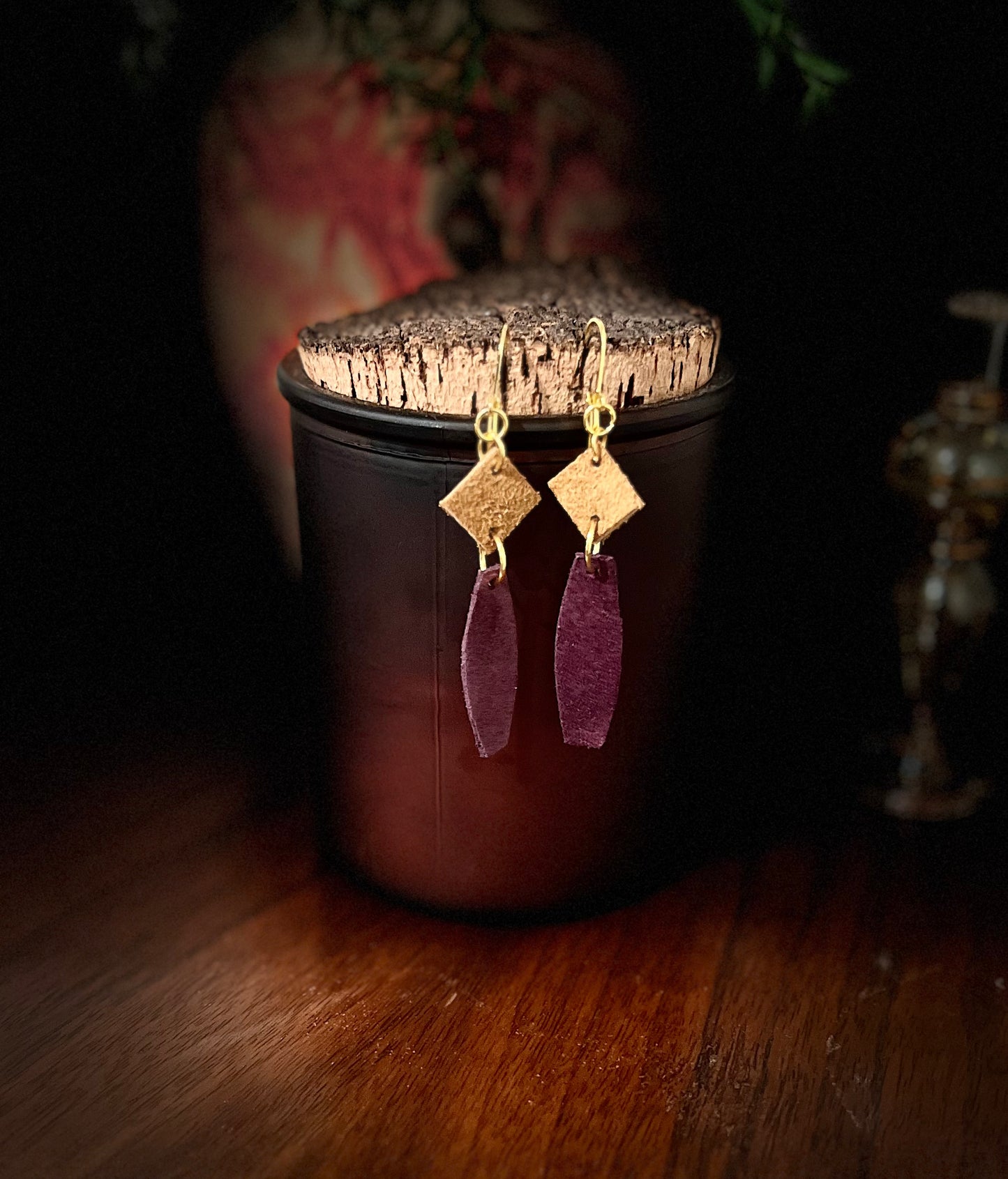 Purple and Tan Leather Earrings