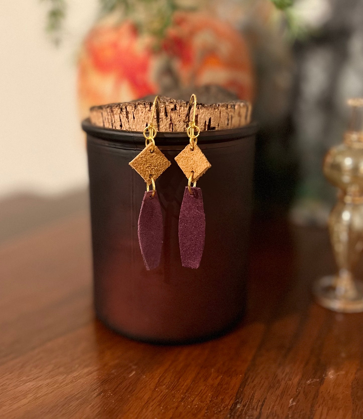 Purple and Tan Leather Earrings