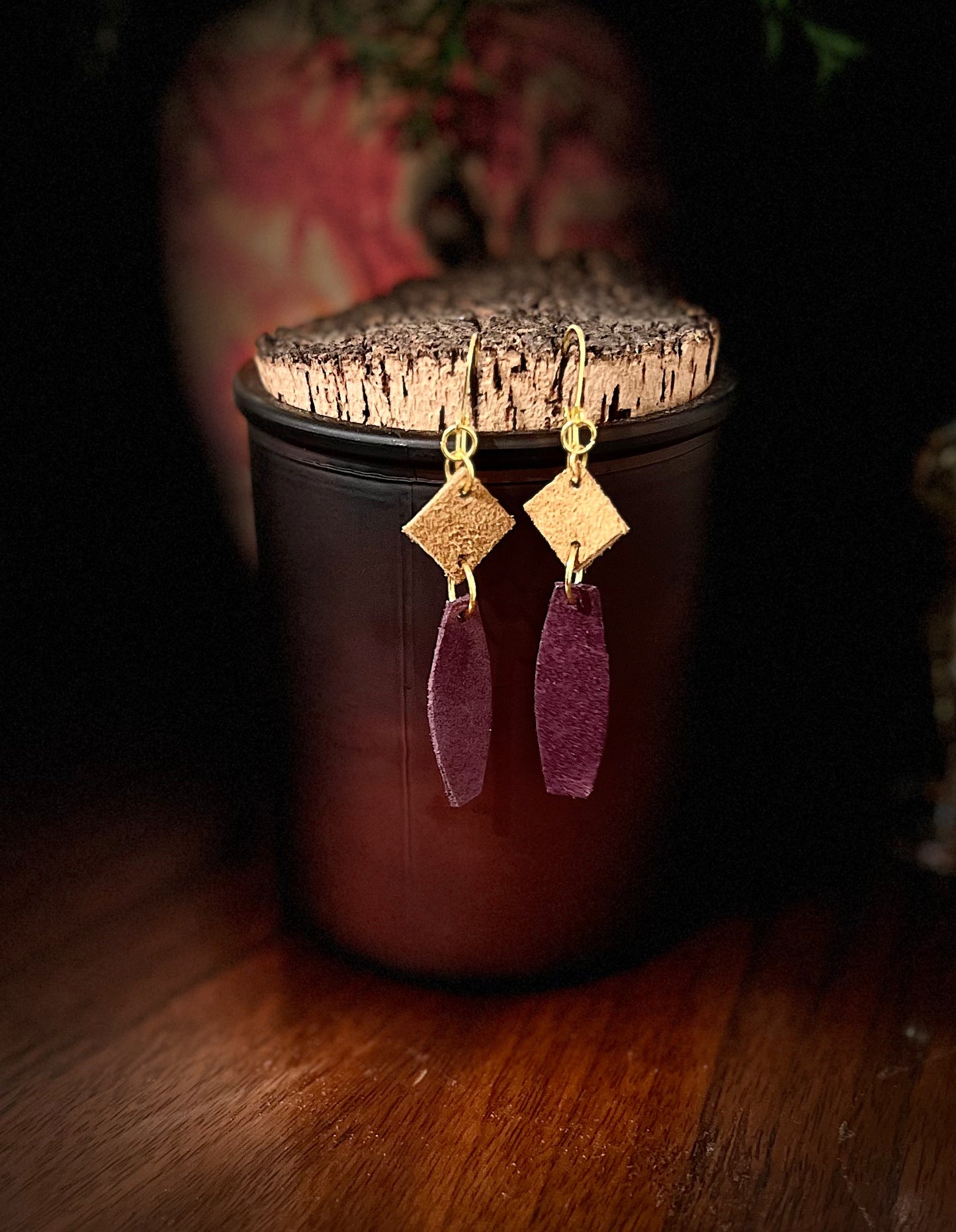 Purple and Tan Leather Earrings